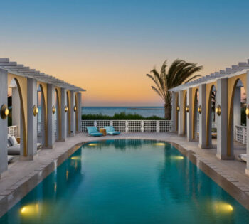 Presidential suite private pool with Red sea view, long chairs and hammocks