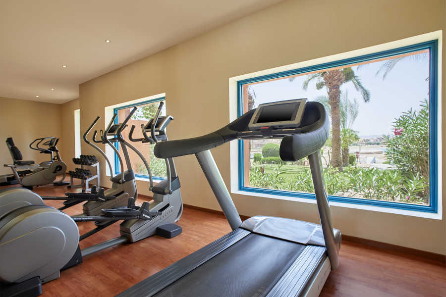 Treadmills and orbitracks with wide glass windows overlooking the lagoons at Fitness Center of Sheraton Miramar El Gouna
