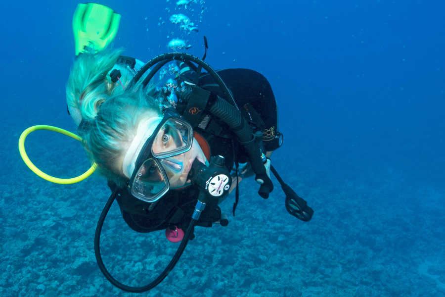 A girl is under the water of Red Sea with the diving equipments from Cinderella Diving Center at Sheraton Miramar El Gouna