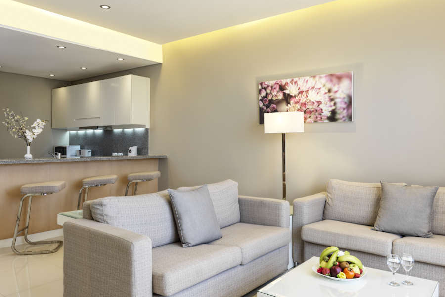 Ancient Sands Golf Resort and Residence El Gouna Hotel Three bedroom apartment living room and kitchen area