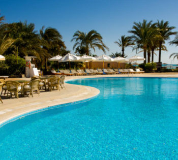 club paradisio main pool with a bar overlooking the pool for the hotel's guests