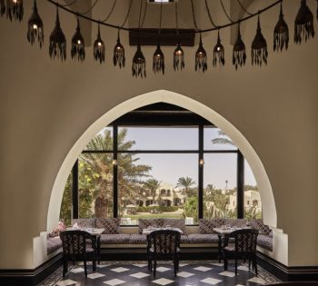 Dawar El Omda Hotel Restaurant Interior, Downtown El Gouna, furnishing reflects oriental style with antique decoration items