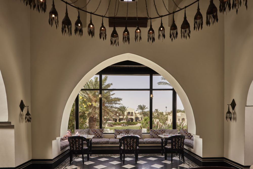 Dawar El Omda Hotel Restaurant Interior, Downtown El Gouna, furnishing reflects oriental style with antique decoration items