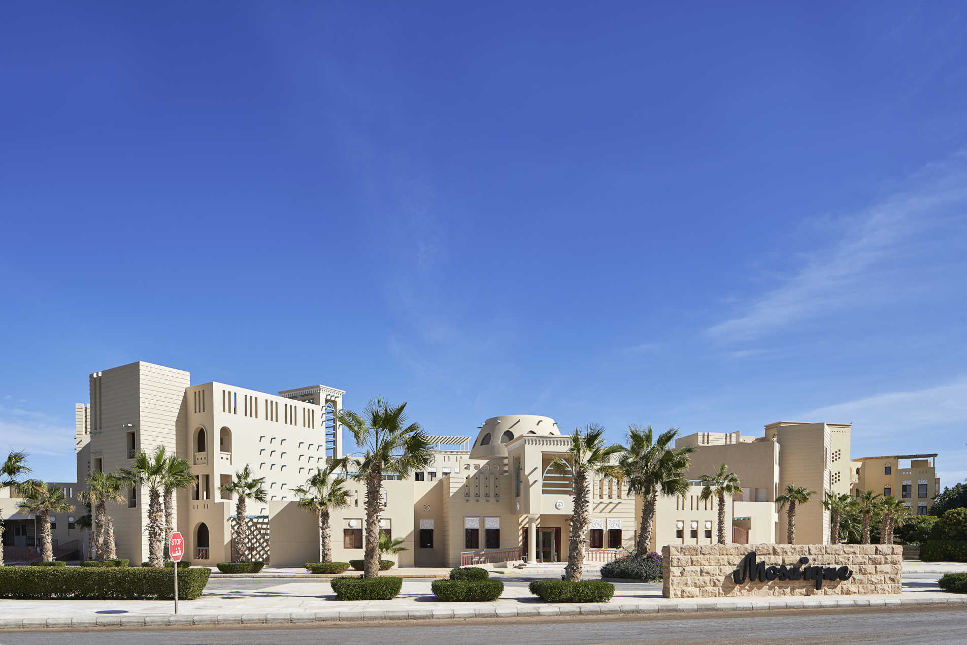 The façade of Mosaique hotel in El Gouna with arabesque moroccan design