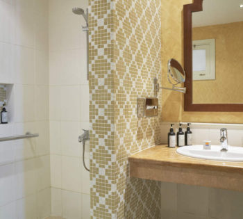 The bathroom of accessible room with tub and toilteries and handicapped open shower