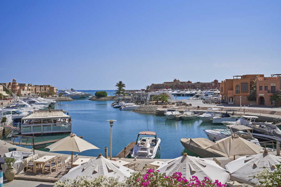 Daytime Abu Tig Marina View from Captain's Inn marina suite Terrace , View includes beautiful Redsea water, yachts & pier 88