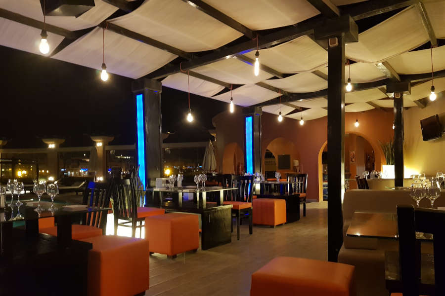 Duport pool club restaurant Abu Tig Marina El Gouna serves drinks and dinner