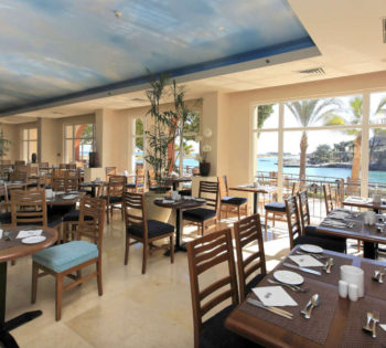 Indoor sitting area of Ocean View adults only hotel restaurant and terrace
