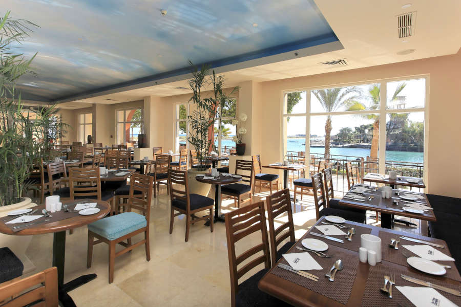 Indoor sitting area of Ocean View adults only hotel restaurant and terrace
