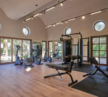 hotel fitness center with large windows, gym with exercise equipments