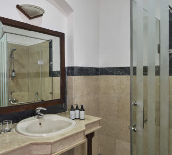 bathroom sink and shower area at sultan bey lagoon view room
