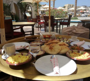 A breakfast meal presented on a table of Abu Tig Marina El Gouna Restaurant, At Sokrat's El Gouna Redsea Egypt
