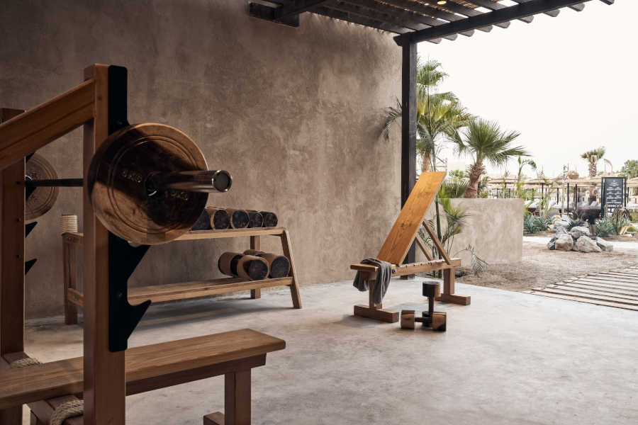 The wooden gym of Cook's Club El Gouna with a view to the lagoon of Red Sea and wooden equipments