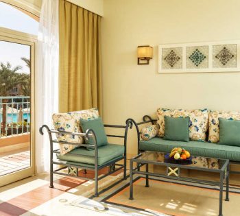 Suite sitting area of Labranda Club Paradisio four stars hotel in El Gouna overlooking the swimming pool