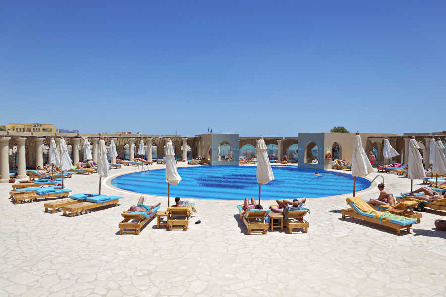 The adults pool of The Three Corners Ocean View Hotel in El Gouna with a view to Red Sea and Abu Tig Marina