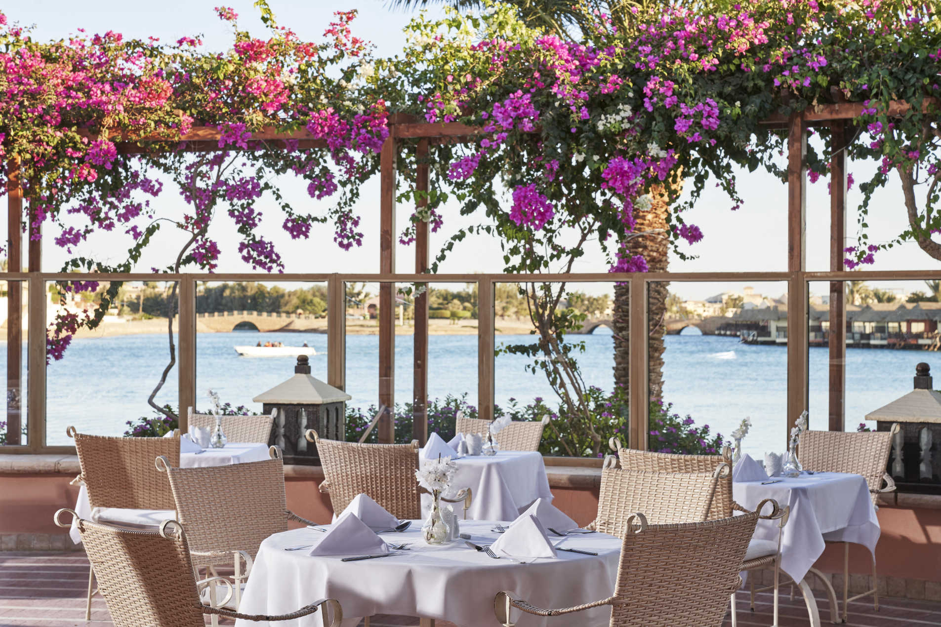 sultan bey hotel el gouna main restaurant at daylight with a view of the lagoon