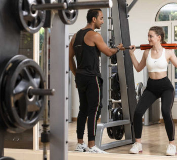 A personal trainer with a guest at Vitalis Wellfit Center in Abu Tig Marina El Gouna