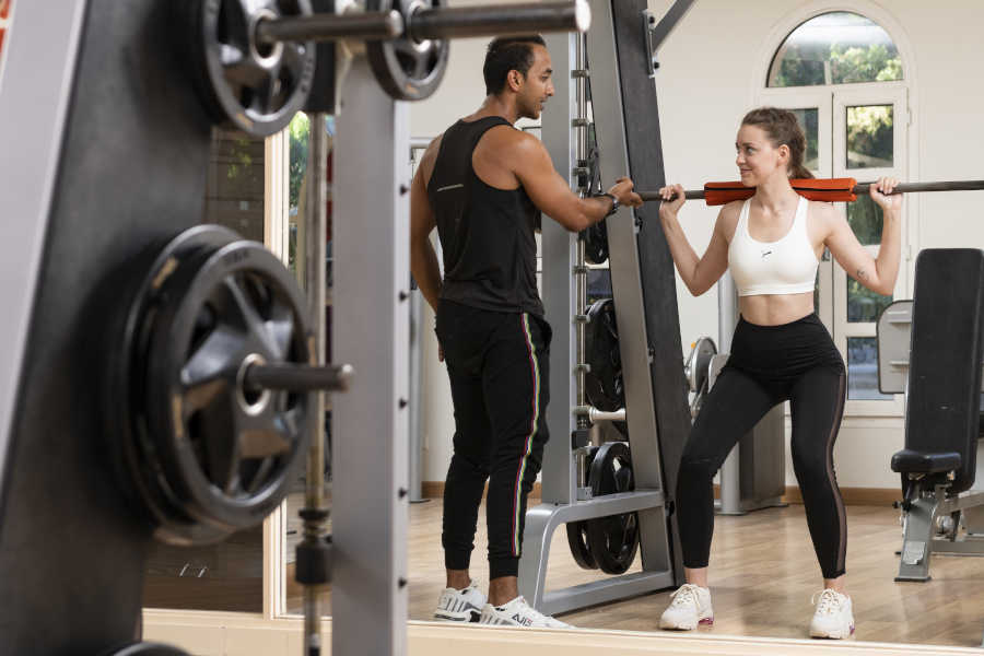 A personal trainer with a guest at Vitalis Wellfit Center in Abu Tig Marina El Gouna
