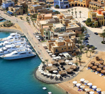 An aerial view of Abu Tig Marina in El Gouna showing Moods Beach and luxury yachts in El Gouna