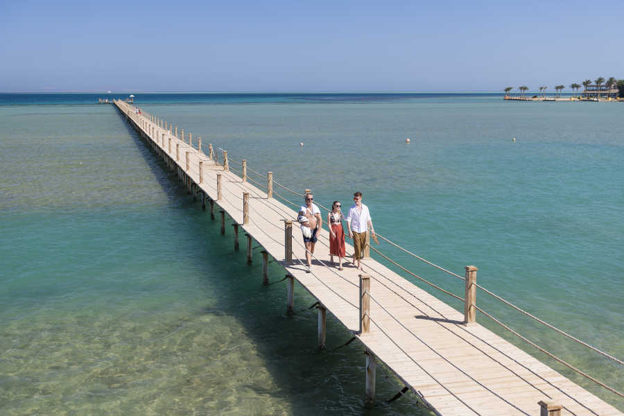 Zeytouna Beach overview in El Gouna with a pier in Red Sea crystal waters