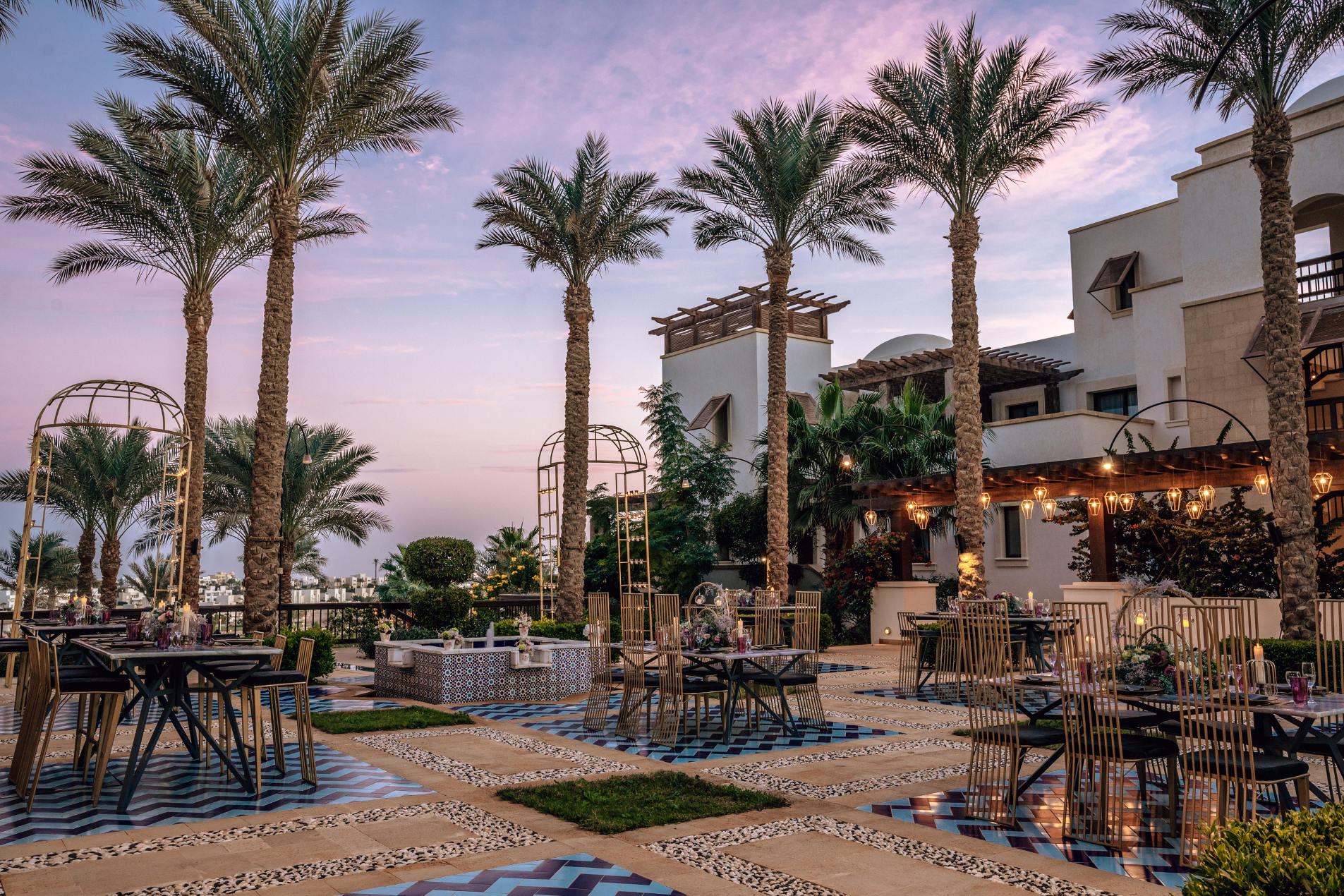 set up for wedding with sunset in Ancient Sands El Gouna by the Red Sea