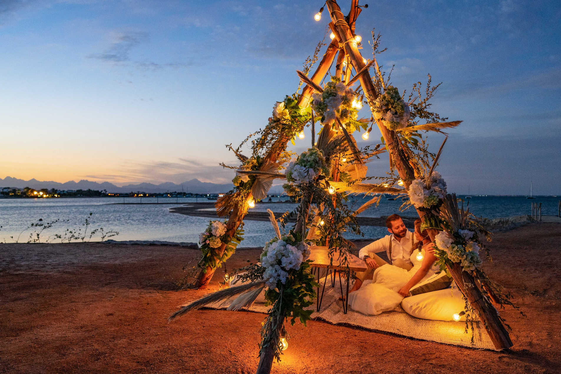 A wedding decoration over Red Sea shores in Labranda Club Paradisio Hotel for a seaview wedding in El Gouna