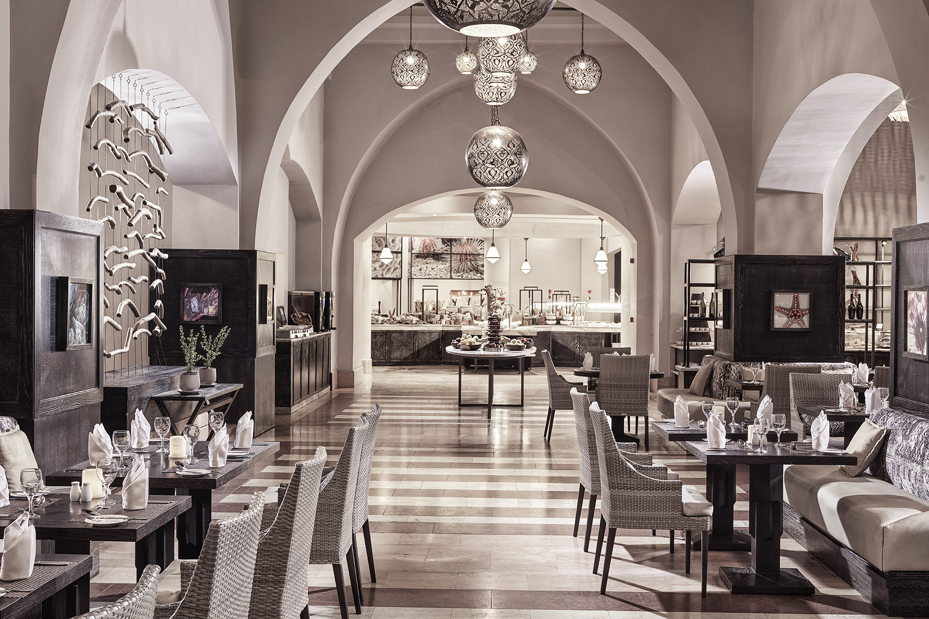Photo inside Restaurant, showing tables and Buffet area
