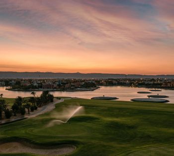 sunset view over El Gouna golf and lagoons from Golf tower in Red Sea town