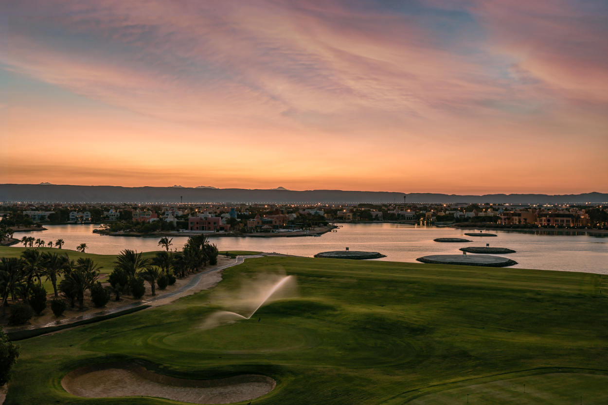 sunset view over El Gouna golf and lagoons from Golf tower in Red Sea town
