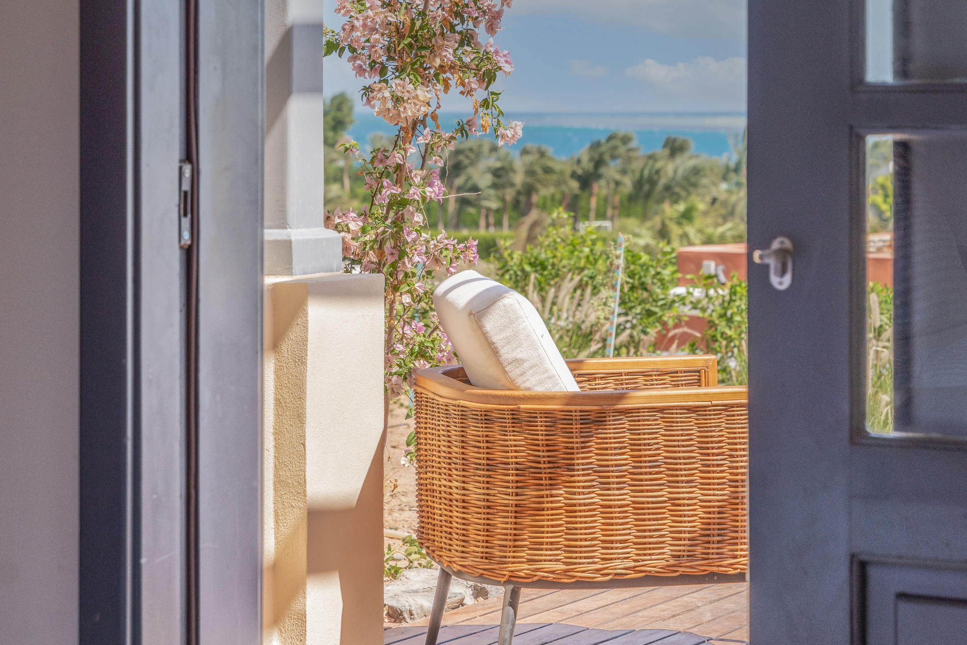 hotel terrace with bamboo chair overlooking el gouna red sea