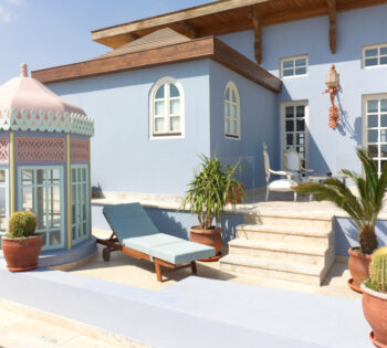 tower suite in la maison blue from the outside exterior during the day