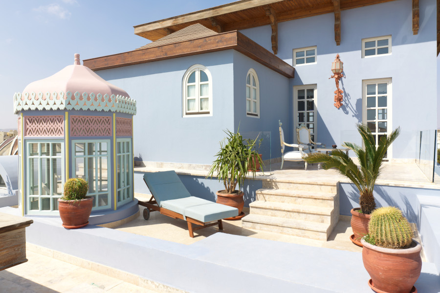 tower suite in la maison blue from the outside exterior during the day