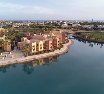 lagoon golf and hotel building with beach at El Gouna Steigenberger resort after renovation