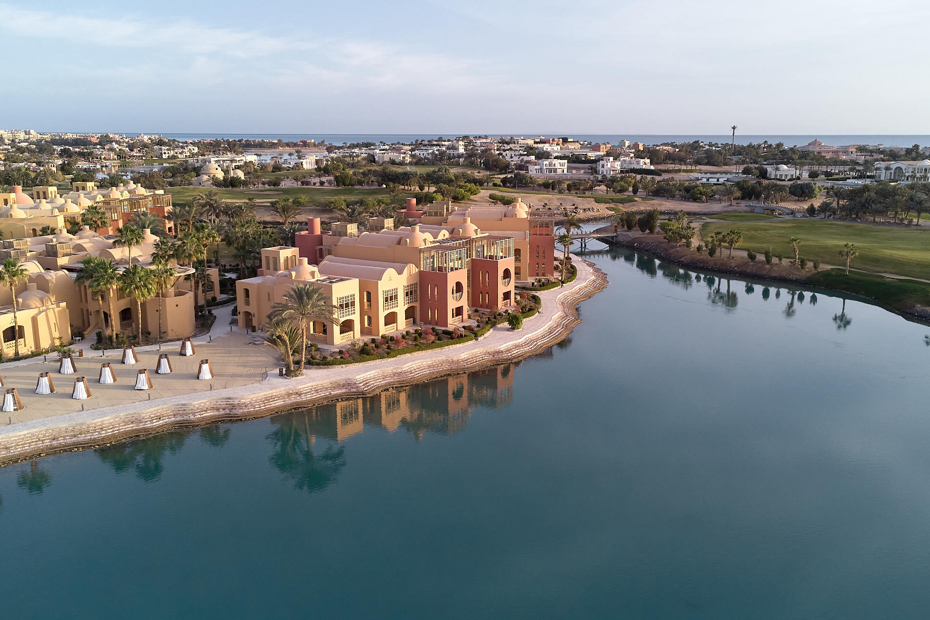 lagoon golf and hotel building with beach at El Gouna Steigenberger resort after renovation