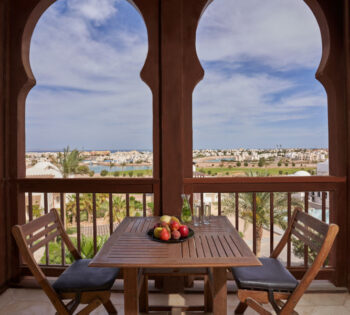 golf view from one bedroom apartment balcony inside ancient sands el gouna resort