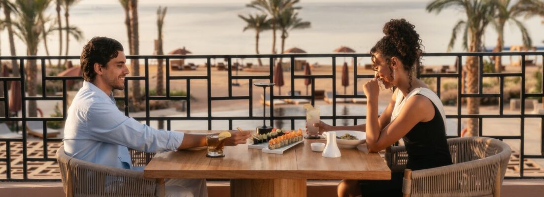 A couple eating Sushi at The Chedi El Gouna
